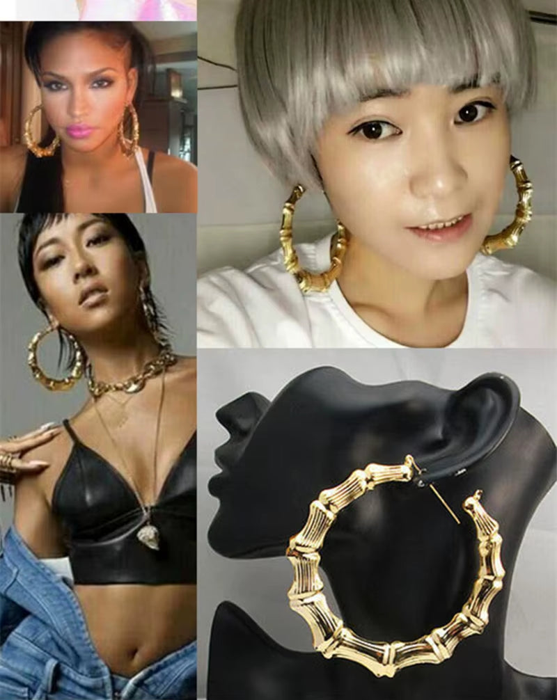 Geometric Bamboo Hoop Earrings in Gold and Silver for Women - Large Round Circle Party Jewelry