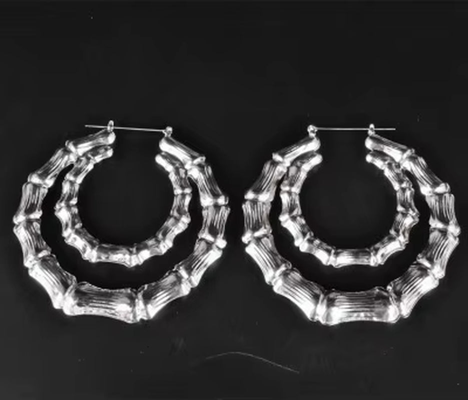 Geometric Bamboo Hoop Earrings in Gold and Silver for Women - Large Round Circle Party Jewelry