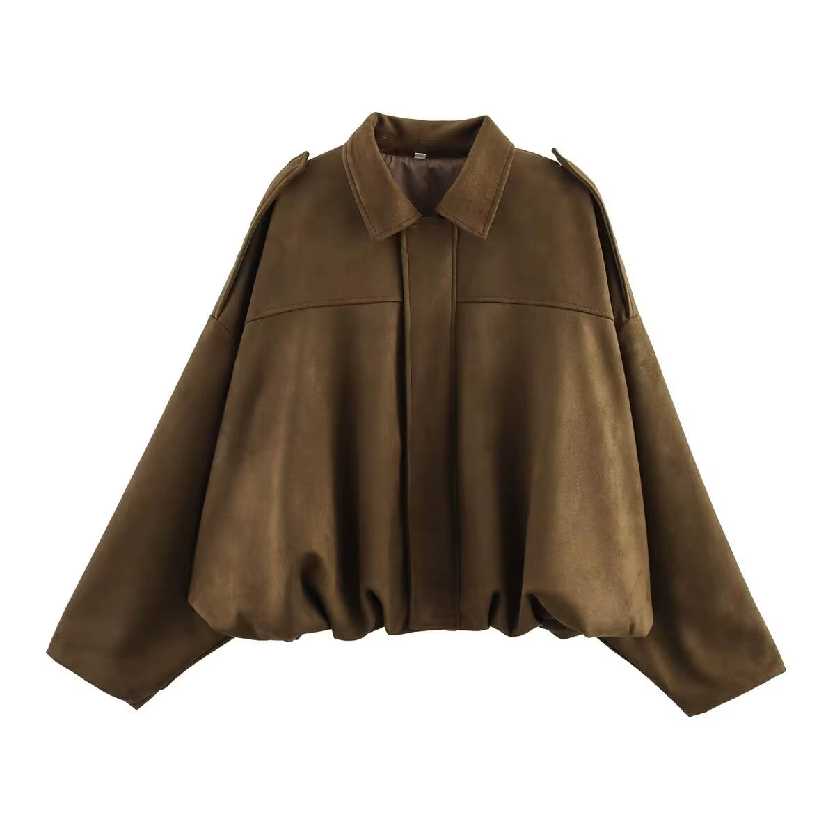 2025 Women's Suede Textured Bomber Jacket with Long Sleeves and Lapel Collar - Casual Loose Fit Outerwear