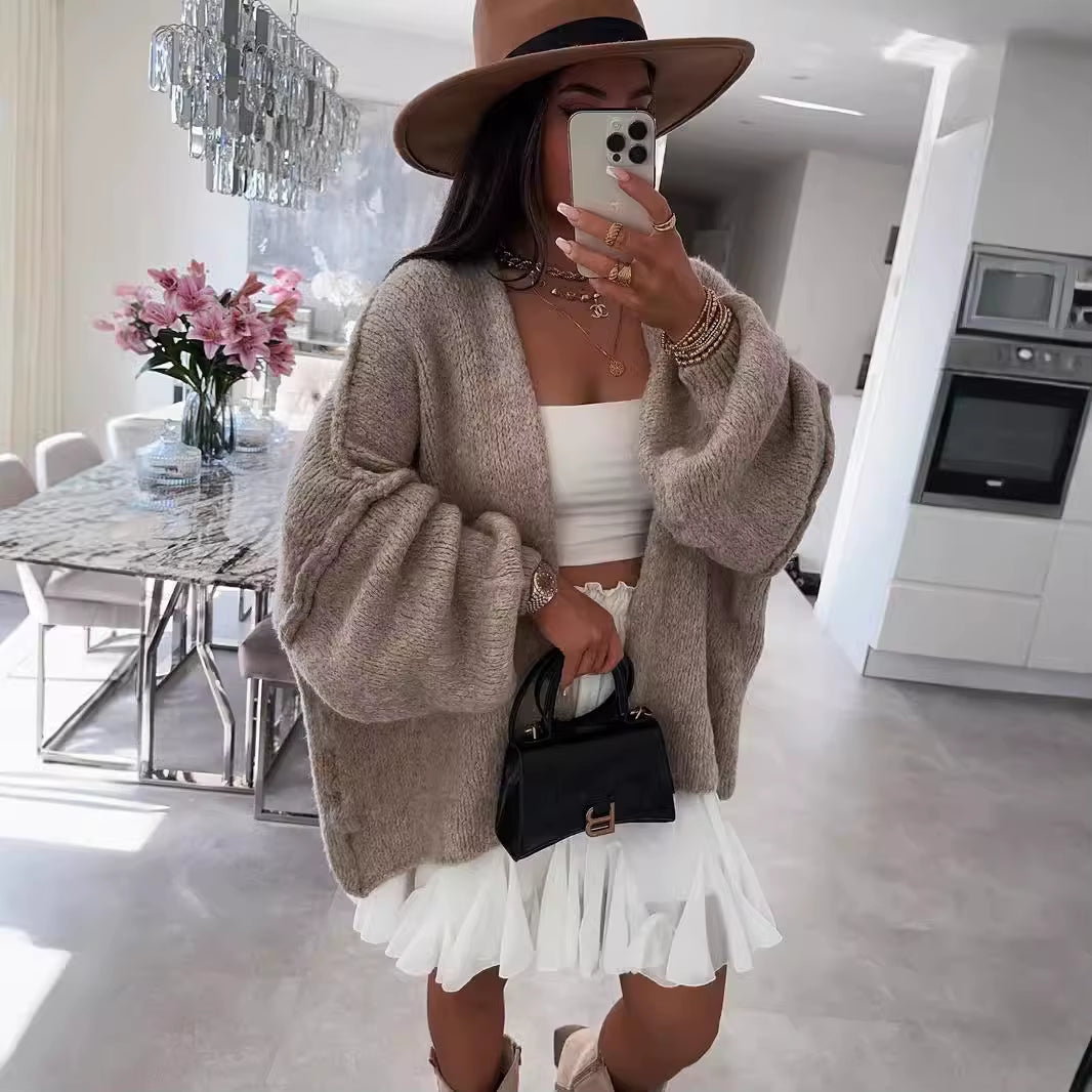 Casual Knitted Sweater Cardigan for Women - Long Sleeve Mid-Length Jacket in Solid Colors for Autumn and Winter
