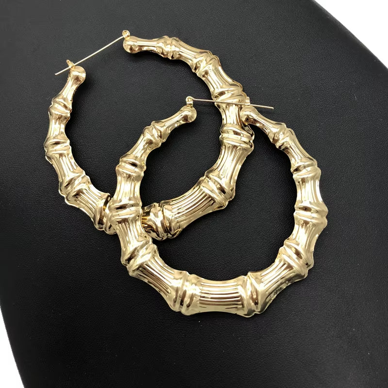 Geometric Bamboo Hoop Earrings in Gold and Silver for Women - Large Round Circle Party Jewelry