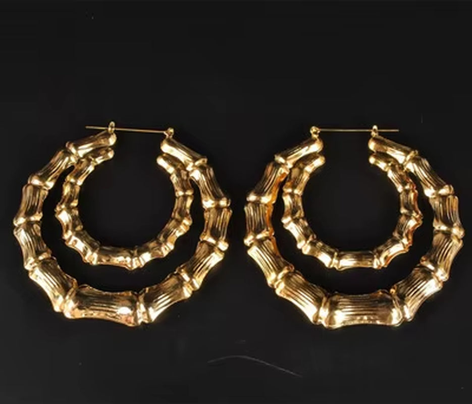 Geometric Bamboo Hoop Earrings in Gold and Silver for Women - Large Round Circle Party Jewelry